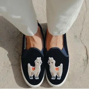Soludos Navy Velvet Llama Embellished Slip On Sneaker Size 8